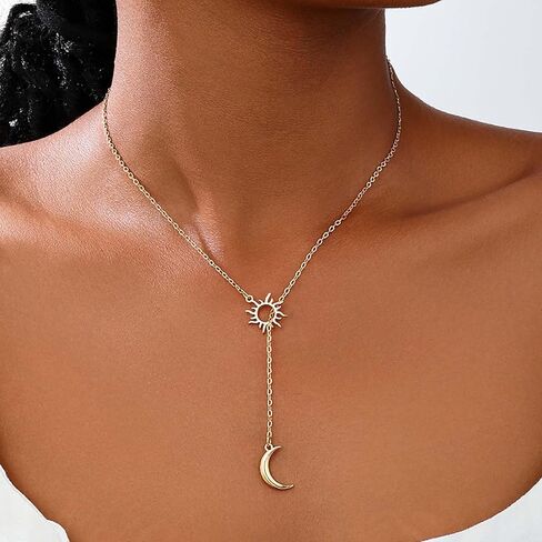 Boho Moon Lariat Necklace Chain Crescent Moon Pendant Necklace Vintage Sun Choker Necklace Sun Moon Y Drop Necklace Jewelry for Women in Kuwait