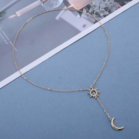 Boho Moon Lariat Necklace Chain Crescent Moon Pendant Necklace Vintage Sun Choker Necklace Sun Moon Y Drop Necklace Jewelry for Women in Kuwait