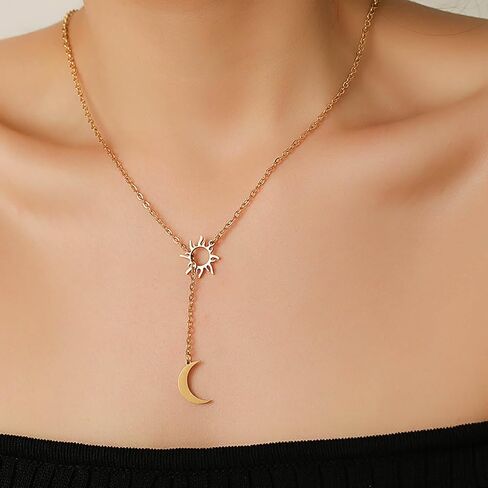 Boho Moon Lariat Necklace Chain Crescent Moon Pendant Necklace Vintage Sun Choker Necklace Sun Moon Y Drop Necklace Jewelry for Women in Kuwait
