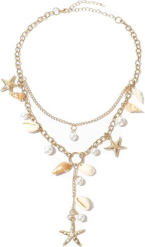Shell Starfish Necklace for Women Chunky Statement Conch Y Necklace Gold Layered Pearl Puka Shell Neckalce Dainty Summer Beach Vacation Neckalce Ocean Simple Cowrie Fashion Jewelry in Saudi Arabia
