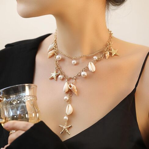 Shell Starfish Necklace for Women Chunky Statement Conch Y Necklace Gold Layered Pearl Puka Shell Neckalce Dainty Summer Beach Vacation Neckalce Ocean Simple Cowrie Fashion Jewelry in Saudi Arabia