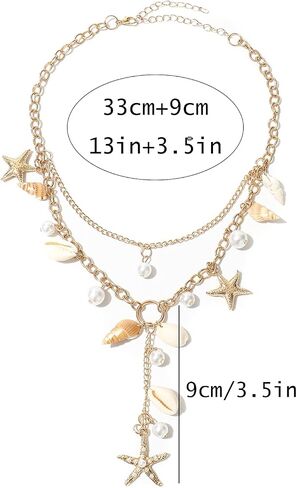Shell Starfish Necklace for Women Chunky Statement Conch Y Necklace Gold Layered Pearl Puka Shell Neckalce Dainty Summer Beach Vacation Neckalce Ocean Simple Cowrie Fashion Jewelry in Saudi Arabia