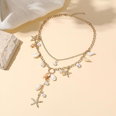 Shell Starfish Necklace for Women Chunky Statement Conch Y Necklace Gold Layered Pearl Puka Shell Neckalce Dainty Summer Beach Vacation Neckalce Ocean Simple Cowrie Fashion Jewelry in Saudi Arabia