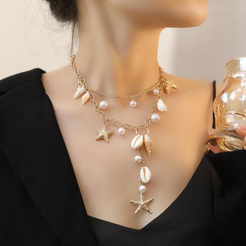 Shell Starfish Necklace for Women Chunky Statement Conch Y Necklace Gold Layered Pearl Puka Shell Neckalce Dainty Summer Beach Vacation Neckalce Ocean Simple Cowrie Fashion Jewelry in Saudi Arabia