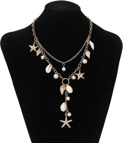 Shell Starfish Necklace for Women Chunky Statement Conch Y Necklace Gold Layered Pearl Puka Shell Neckalce Dainty Summer Beach Vacation Neckalce Ocean Simple Cowrie Fashion Jewelry in Saudi Arabia