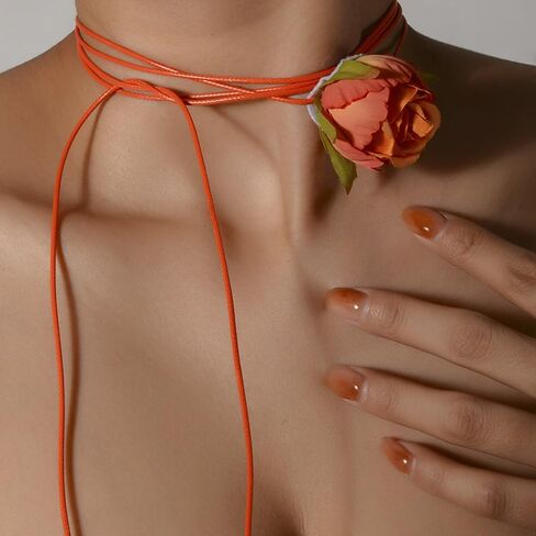 Artificial Flower Long Rope Wrap Necklace Handmade Vintage Floral Bow Tie Necklace Leather String Layered Y Necklace for Women Bridal Wedding Jewelry Gift in Saudi Arabia