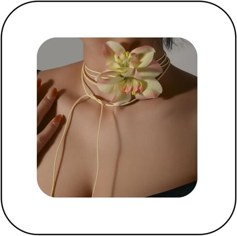 Artificial Flower Long Rope Wrap Necklace Handmade Vintage Floral Bow Tie Necklace Leather String Layered Y Necklace for Women Bridal Wedding Jewelry Gift in Saudi Arabia