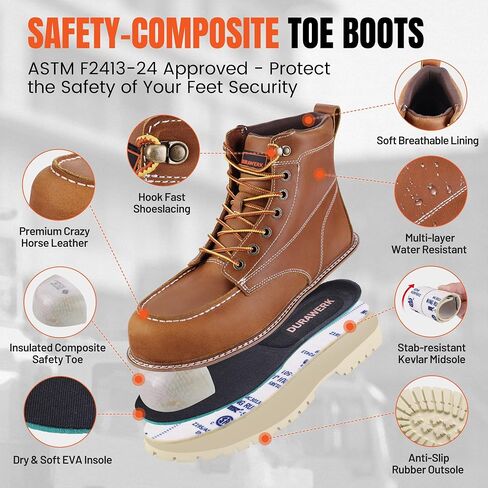 DURAWERK Men's Composite Toe Work Boots, Non-Slip Safety Shoes, Water-Resistant Leather Construction Boots in Saudi Arabia