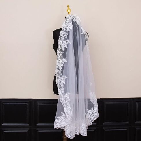 Bridal Veil Lace Flower Wedding Veil,1 Tier Cathedral Fingertip Length Veils with Metal Comb in Saudi Arabia