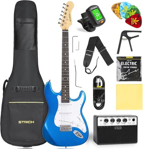 STRICH Electric Guitar Beginner Kit, Solid Body 39" Full Size Electric Guitar SSS Pick Up for Starter, with 10W Amp, Bag, Digital Tuner, Capo, Strap, String,Cable, Picks, SST-S10 Sapphire Blue in Kuwait