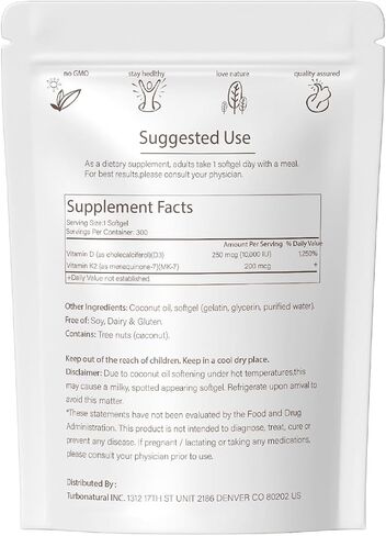 300 Pcs 2 in 1 Vitamin D3 10000 iu Plus K2 (MK-7) 200 mcg Virgin Coconut Oil Softgels with Vitamins D & K Supports Calcium Absorption, Bone, Immune, & Heart Health – Easy to Swallow in Saudi Arabia