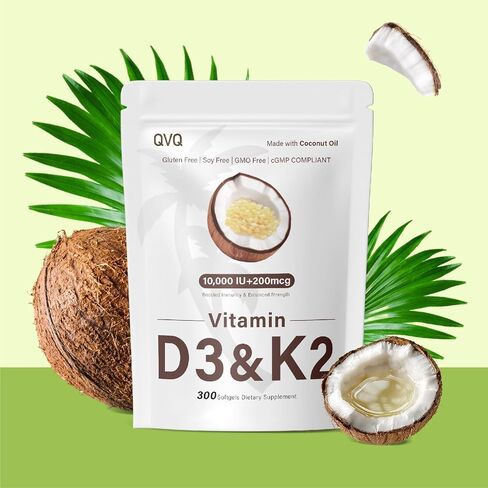 300 Pcs 2 in 1 Vitamin D3 10000 iu Plus K2 (MK-7) 200 mcg Virgin Coconut Oil Softgels with Vitamins D & K Supports Calcium Absorption, Bone, Immune, & Heart Health – Easy to Swallow in Saudi Arabia
