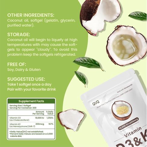 300 Pcs 2 in 1 Vitamin D3 10000 iu Plus K2 (MK-7) 200 mcg Virgin Coconut Oil Softgels with Vitamins D & K Supports Calcium Absorption, Bone, Immune, & Heart Health – Easy to Swallow in Saudi Arabia