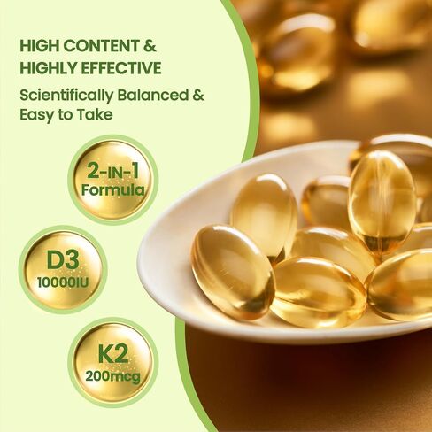 300 Pcs 2 in 1 Vitamin D3 10000 iu Plus K2 (MK-7) 200 mcg Virgin Coconut Oil Softgels with Vitamins D & K Supports Calcium Absorption, Bone, Immune, & Heart Health – Easy to Swallow in Saudi Arabia
