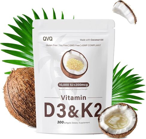 300 Pcs 2 in 1 Vitamin D3 10000 iu Plus K2 (MK-7) 200 mcg Virgin Coconut Oil Softgels with Vitamins D & K Supports Calcium Absorption, Bone, Immune, & Heart Health – Easy to Swallow in Saudi Arabia