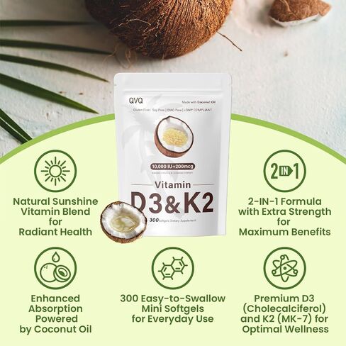 300 Pcs 2 in 1 Vitamin D3 10000 iu Plus K2 (MK-7) 200 mcg Virgin Coconut Oil Softgels with Vitamins D & K Supports Calcium Absorption, Bone, Immune, & Heart Health – Easy to Swallow in Saudi Arabia