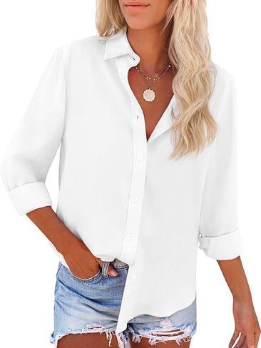 SEMARO Womens Casual Wrinkle-Free Button Down Shirts Long Sleeve Solid Blouse Office Tunic Tops in Kuwait