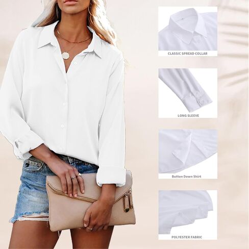 SEMARO Womens Casual Wrinkle-Free Button Down Shirts Long Sleeve Solid Blouse Office Tunic Tops in Kuwait