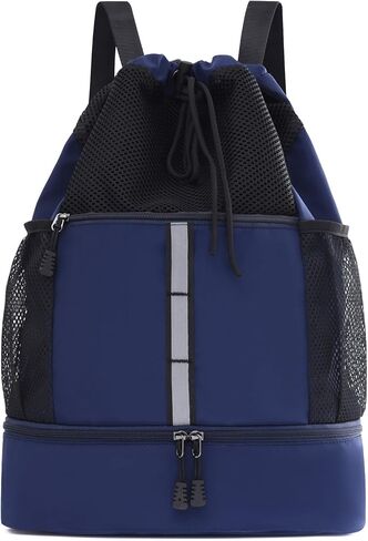 Drawstring Backpack, Water Resistant Sports Gym Bag with Wet Pocket, Shoes Compartment and Water Bottle Holder Pockets, Mesh String Bag with Front Pocket, Swim Bag for Men Women Sports(Purple) in Kuwait