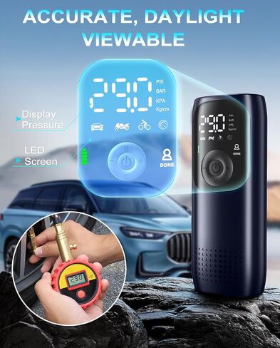 منفاخ إطارات KEPEAK ضاغط هواء محمول - مضخة هواء لإطارات السيارات، مضخة دراجة كهربائية 150 رطل لكل بوصة مربعة، منفاخ إطارات لاسلكي، إيقاف تلقائي، مضخة إطارات للسيارة والدراجة والدراجة النارية والكرة in Kuwait