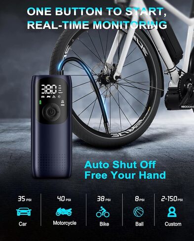 منفاخ إطارات KEPEAK ضاغط هواء محمول - مضخة هواء لإطارات السيارات، مضخة دراجة كهربائية 150 رطل لكل بوصة مربعة، منفاخ إطارات لاسلكي، إيقاف تلقائي، مضخة إطارات للسيارة والدراجة والدراجة النارية والكرة in Kuwait