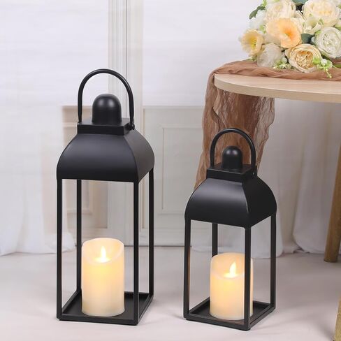 Lanterns Decorative Outdoor Indoor, Black Metal Outdoor Lanterns, 17'' 13'' Set of 2 Modern Farmhouse Candle Lantern for Home, Wedding, Patio, Porch, Mantel, Lantern Centerpieces in Saudi Arabia