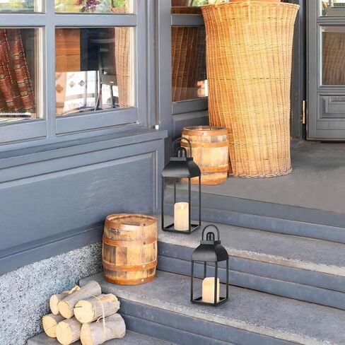 Lanterns Decorative Outdoor Indoor, Black Metal Outdoor Lanterns, 17'' 13'' Set of 2 Modern Farmhouse Candle Lantern for Home, Wedding, Patio, Porch, Mantel, Lantern Centerpieces in Saudi Arabia