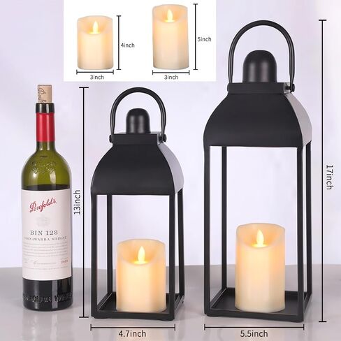 Lanterns Decorative Outdoor Indoor, Black Metal Outdoor Lanterns, 17'' 13'' Set of 2 Modern Farmhouse Candle Lantern for Home, Wedding, Patio, Porch, Mantel, Lantern Centerpieces in Saudi Arabia