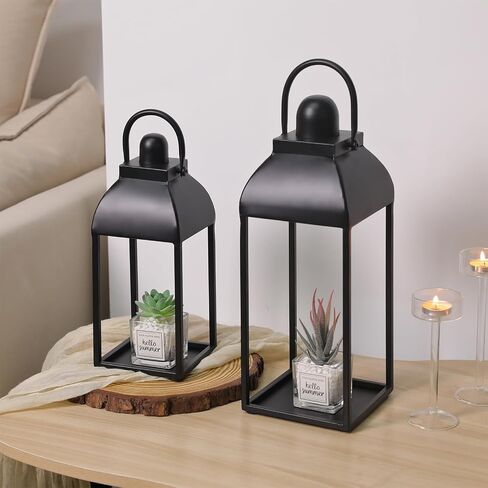 Lanterns Decorative Outdoor Indoor, Black Metal Outdoor Lanterns, 17'' 13'' Set of 2 Modern Farmhouse Candle Lantern for Home, Wedding, Patio, Porch, Mantel, Lantern Centerpieces in Saudi Arabia