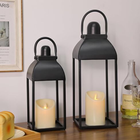 Lanterns Decorative Outdoor Indoor, Black Metal Outdoor Lanterns, 17'' 13'' Set of 2 Modern Farmhouse Candle Lantern for Home, Wedding, Patio, Porch, Mantel, Lantern Centerpieces in Saudi Arabia