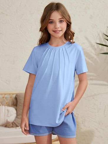 ZDC Girls Short Sleeve T Shirts Kids Summer Pleated Tops Crewneck Basic Tee 5-14 Years in Saudi Arabia