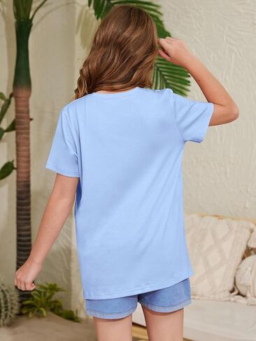 ZDC Girls Short Sleeve T Shirts Kids Summer Pleated Tops Crewneck Basic Tee 5-14 Years in Saudi Arabia