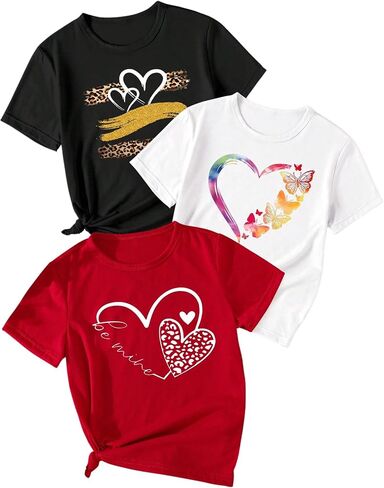 Floerns Girl's 3 Piece Heart Graphic Crew Neck T Shirt Short Sleeve Casual Cute Tee Top in Saudi Arabia