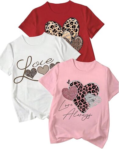 Floerns Girl's 3 Piece Heart Graphic Crew Neck T Shirt Short Sleeve Casual Cute Tee Top in Saudi Arabia