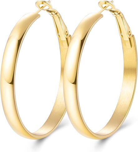 Jewlpire 14K Gold Plated 925 Sterling Sliver Post Hoop Earrings, 4MM/5MM Thick Non Tarnish Lightweight Hoop Earrings for Women Trendy 20/30/40/50/60/70mm in Saudi Arabia