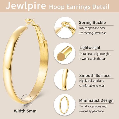 Jewlpire 14K Gold Plated 925 Sterling Sliver Post Hoop Earrings, 4MM/5MM Thick Non Tarnish Lightweight Hoop Earrings for Women Trendy 20/30/40/50/60/70mm in Saudi Arabia