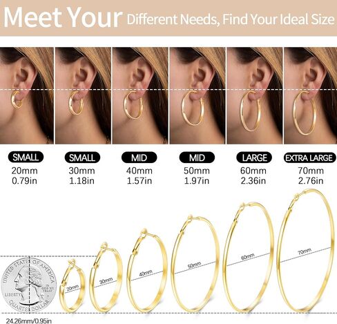 Jewlpire 14K Gold Plated 925 Sterling Sliver Post Hoop Earrings, 4MM/5MM Thick Non Tarnish Lightweight Hoop Earrings for Women Trendy 20/30/40/50/60/70mm in Saudi Arabia