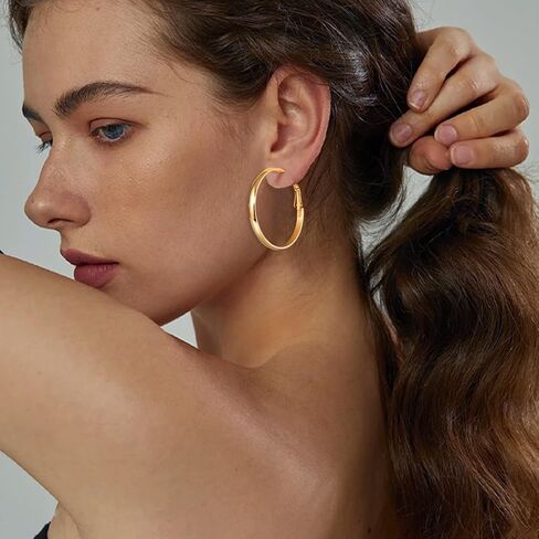 Jewlpire 14K Gold Plated 925 Sterling Sliver Post Hoop Earrings, 4MM/5MM Thick Non Tarnish Lightweight Hoop Earrings for Women Trendy 20/30/40/50/60/70mm in Saudi Arabia
