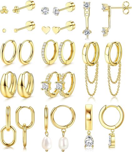 YADOCA 13Pairs Gold Earrings Stacks for Women Dainty Huggie Hoop Earrings Hypoallergenic 14k Gold Plated Flat Back Stud Cartilage Earring Sets for Multiple Piercing Pack in Kuwait
