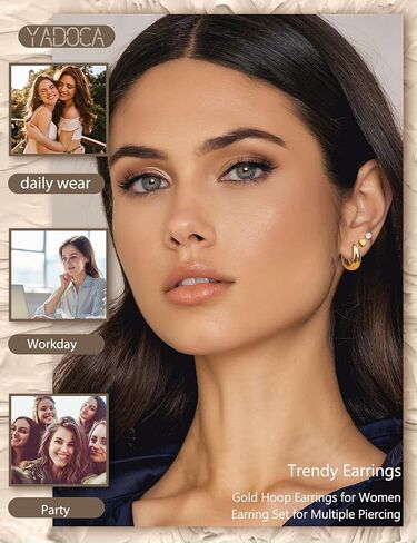 YADOCA 13Pairs Gold Earrings Stacks for Women Dainty Huggie Hoop Earrings Hypoallergenic 14k Gold Plated Flat Back Stud Cartilage Earring Sets for Multiple Piercing Pack in Kuwait