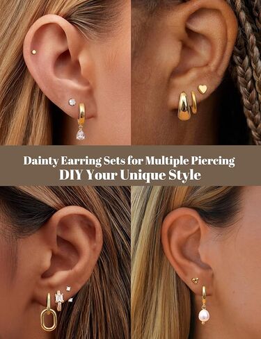 YADOCA 13Pairs Gold Earrings Stacks for Women Dainty Huggie Hoop Earrings Hypoallergenic 14k Gold Plated Flat Back Stud Cartilage Earring Sets for Multiple Piercing Pack in Kuwait