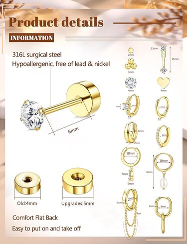 YADOCA 13Pairs Gold Earrings Stacks for Women Dainty Huggie Hoop Earrings Hypoallergenic 14k Gold Plated Flat Back Stud Cartilage Earring Sets for Multiple Piercing Pack in Kuwait