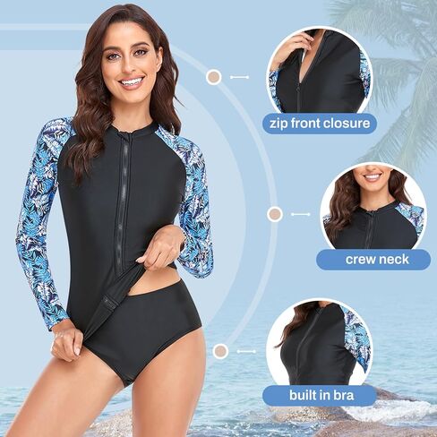 حارس طفح طويل الأكمام طويلة قطعة واحدة من ملابس السباحة للنساء Zip Up الباستيكات حماية الشمس حماية ملابس السباحة مع بني in Kuwait