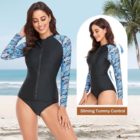 حارس طفح طويل الأكمام طويلة قطعة واحدة من ملابس السباحة للنساء Zip Up الباستيكات حماية الشمس حماية ملابس السباحة مع بني in Kuwait