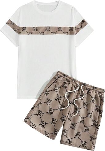 Men's 2 Piece Outfit Letter Graphic Short Sleeve T Shirts and Colorblock Track Shorts in Saudi Arabia