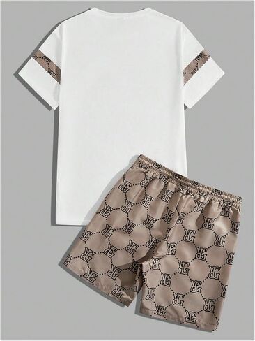 Men's 2 Piece Outfit Letter Graphic Short Sleeve T Shirts and Colorblock Track Shorts in Saudi Arabia