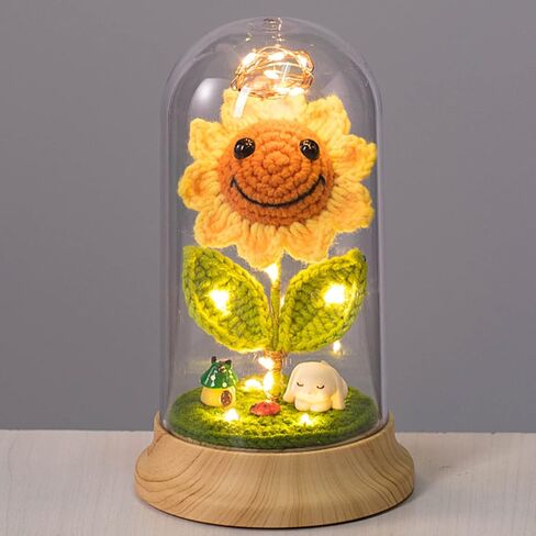 Eternal Sunflower Gifts for Women, Crochet Artificial Sun Flower Decor in Plastic Dome with Led, for Her Mom Mothers Day Birthday Anniversary Christmas Valentine Gifts (Yellow) in Saudi Arabia