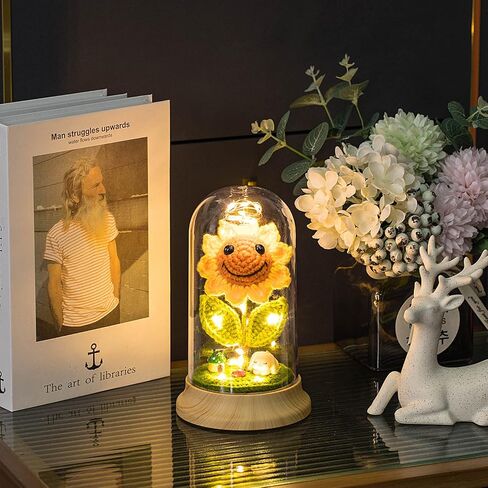 Eternal Sunflower Gifts for Women, Crochet Artificial Sun Flower Decor in Plastic Dome with Led, for Her Mom Mothers Day Birthday Anniversary Christmas Valentine Gifts (Yellow) in Saudi Arabia