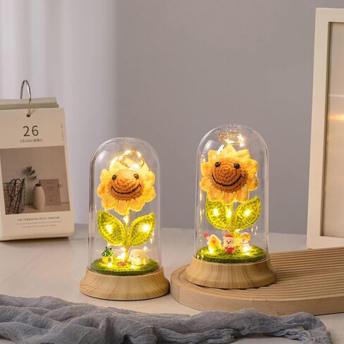 Eternal Sunflower Gifts for Women, Crochet Artificial Sun Flower Decor in Plastic Dome with Led, for Her Mom Mothers Day Birthday Anniversary Christmas Valentine Gifts (Yellow) in Saudi Arabia