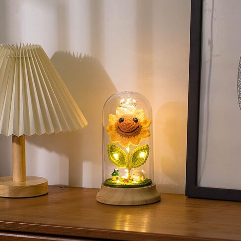 Eternal Sunflower Gifts for Women, Crochet Artificial Sun Flower Decor in Plastic Dome with Led, for Her Mom Mothers Day Birthday Anniversary Christmas Valentine Gifts (Yellow) in Saudi Arabia